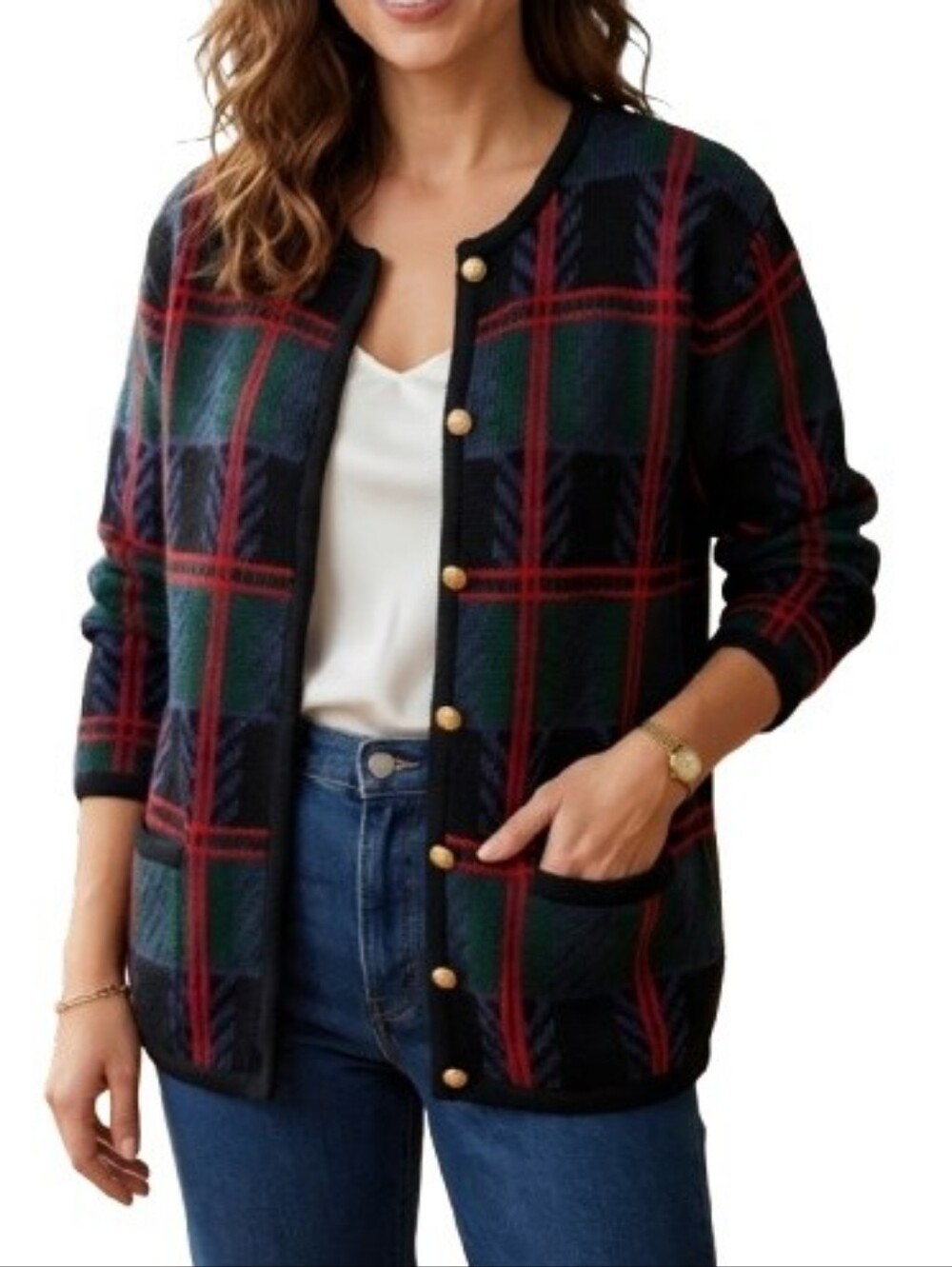 VTG Liz Baker Multicolor Plaid Cardigan Sweater Pockets Gold Buttons Grandma